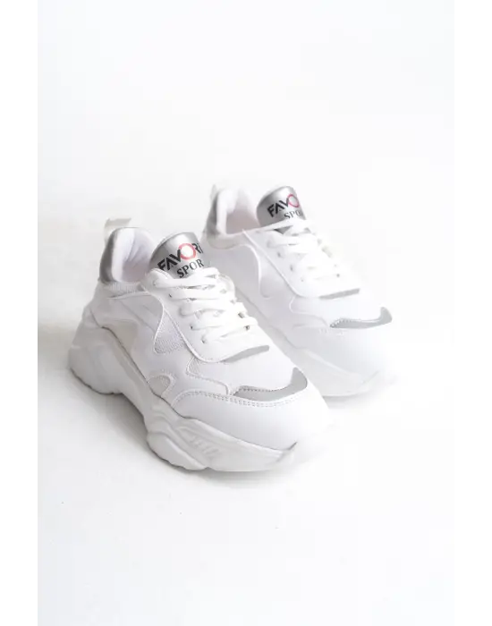 Omarı Rahat Tabanlı Bayan Spor Ayakkabı - Tabaan Triko Detaylı Beyaz/Gri