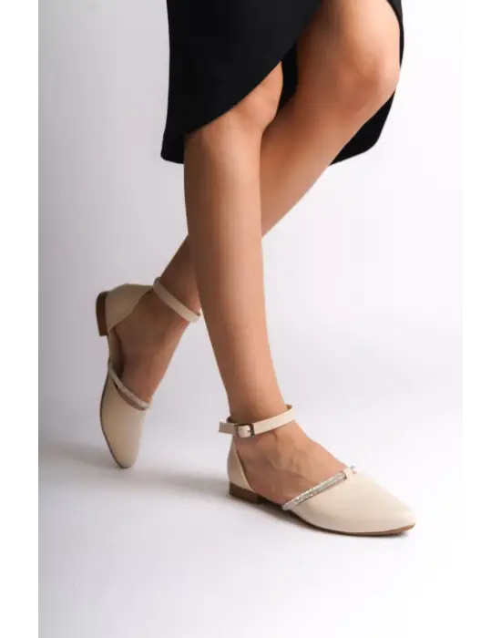 Omarı Taş Detaylı Rahat Tabanlı Bayan Babet Ayakkabı - Krem