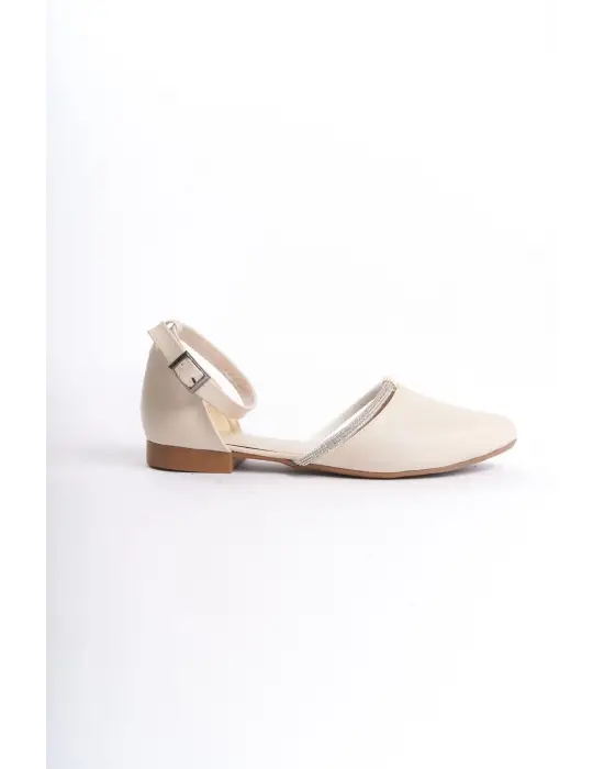 Omarı Taş Detaylı Rahat Tabanlı Bayan Babet Ayakkabı - Krem