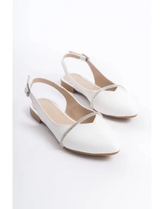 Omarı Rahat Tabaan Taş Detaylı Bayan Babet Ayakkabı - Beyaz