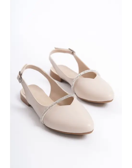 Omarı Rahat Tabaan Taş Detaylı Bayan Babet Ayakkabı - Krem