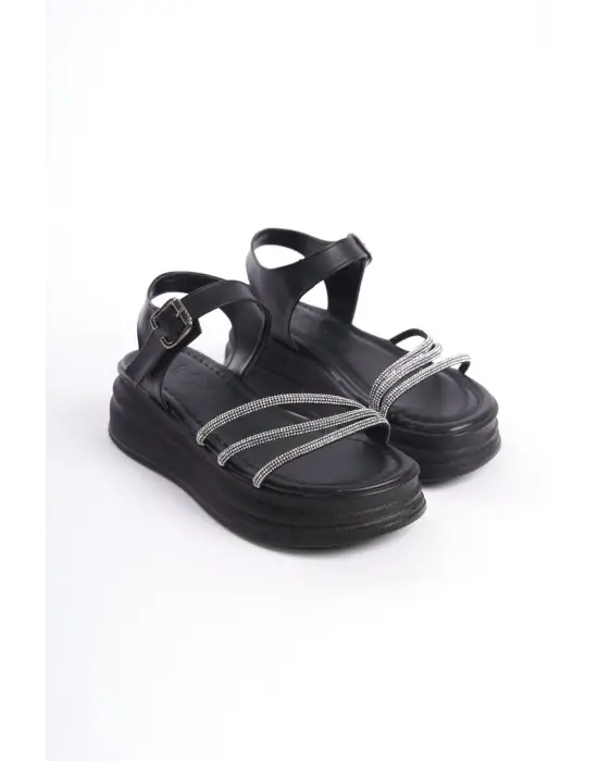 Omarı Rahat Tabanlı Taşlı Siyah Bayan Sandalet