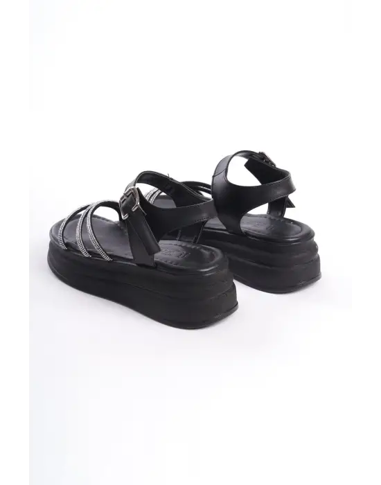 Omarı Rahat Tabanlı Taşlı Siyah Bayan Sandalet