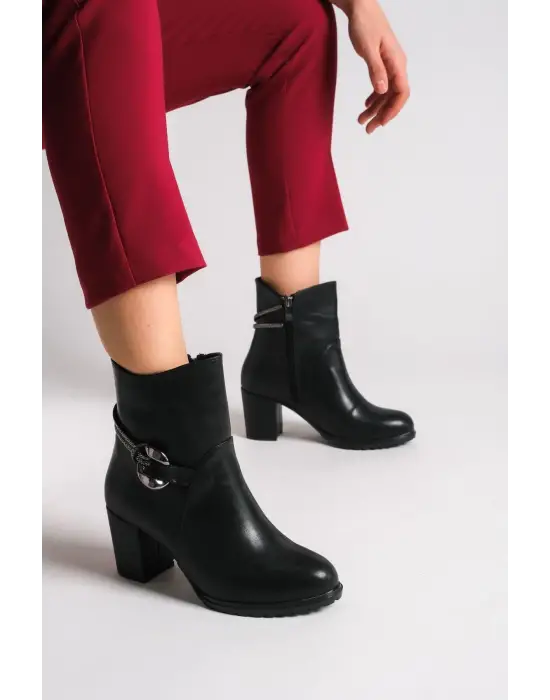 Omarı Fermuarlı Taşlı Topuklu Bayan Bot - Siyah