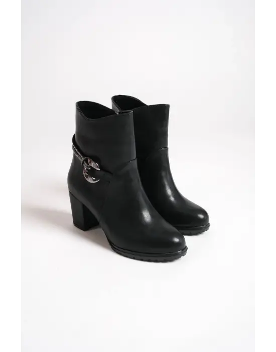 Omarı Fermuarlı Taşlı Topuklu Bayan Bot - Siyah