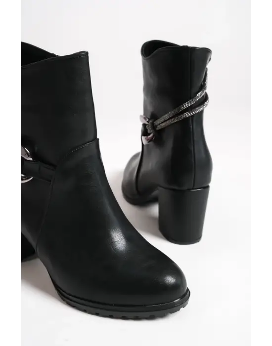 Omarı Fermuarlı Taşlı Topuklu Bayan Bot - Siyah