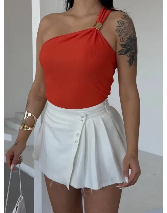 Omarı Altın Metal Detaylı Tek Omuzlu Bluz