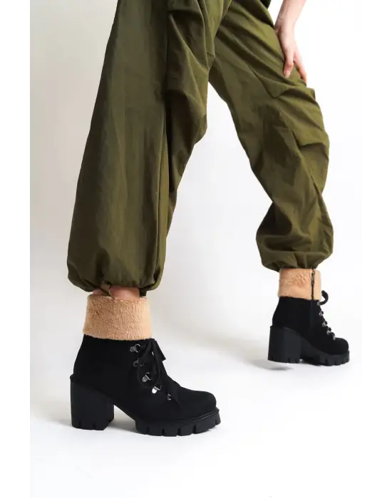 Omarı Tabaan Topuklu Kürk Detaylı Süet Bayan Bot - Siyah