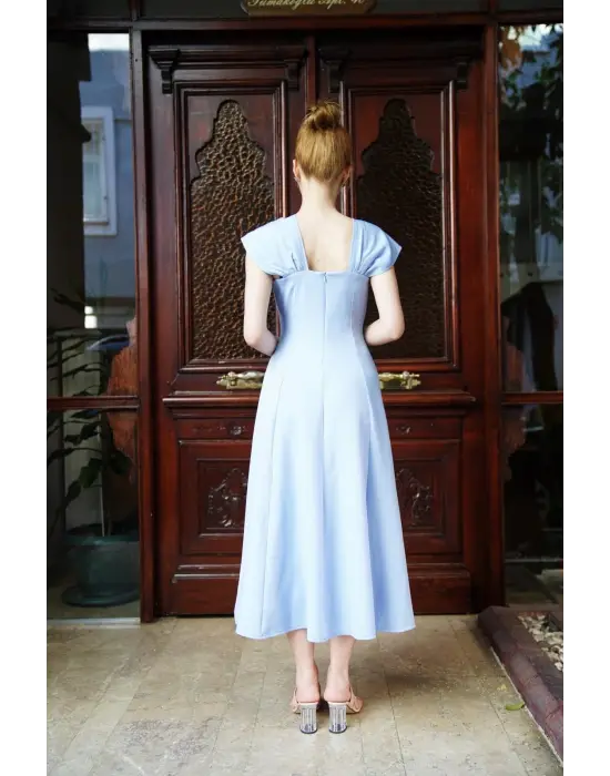 Omarı Mavi Prenses Elbise U Yaka Modası