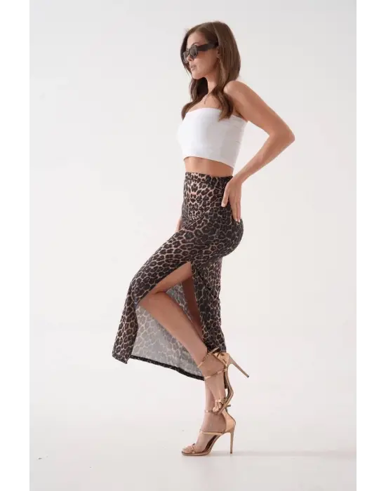 Omarı Leopar Desenli Uzun Yırtmaçlı İnce Kumaş Etek