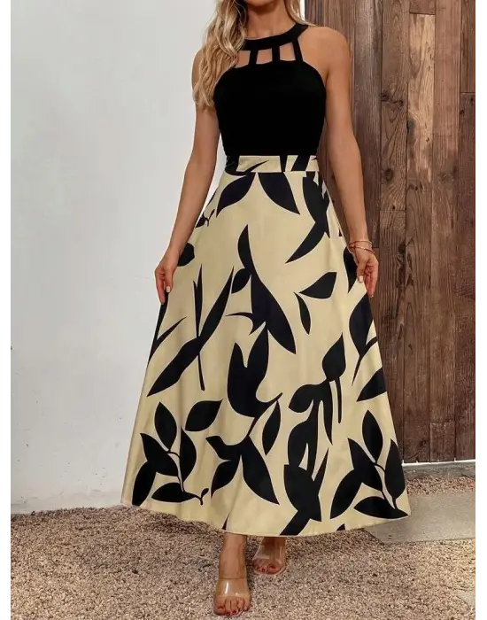 Omarı Yakadan Şerit Detaylı Maxi Elbise