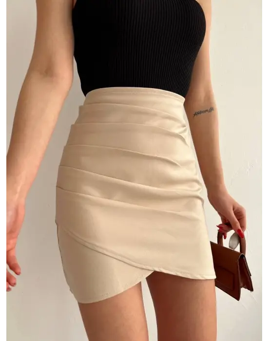 Omarı Asimetrik Drapeli Bej Etek - Etkileyici Tasarım