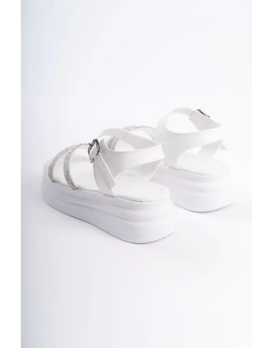 Omarı Yüksek Tabanlı Taşlı Rahat Bayan Sandalet - Beyaz