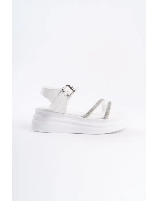 Omarı Yüksek Tabanlı Taşlı Rahat Bayan Sandalet - Beyaz