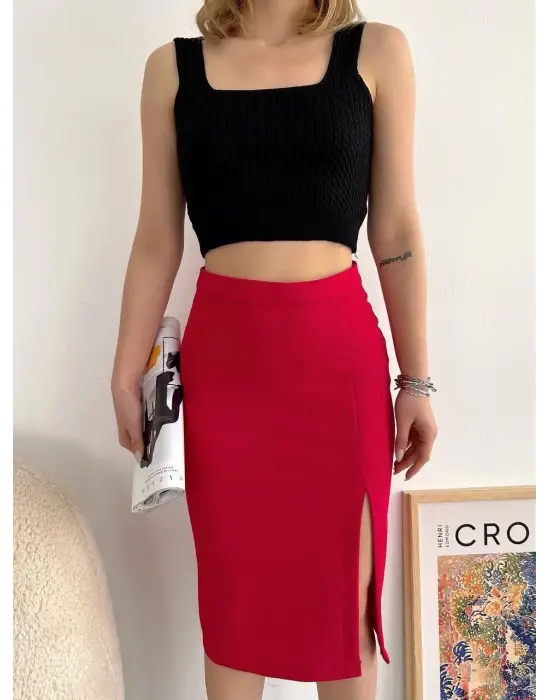 Omarı Esnek Kumaş Yırtmaçlı Midi Boy Etek - Koyu Kırmızı