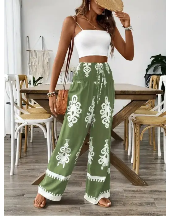 Omarı Yüksek Bel Etnik Desenli Büzgülü Pantolon