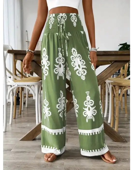 Omarı Yüksek Bel Etnik Desenli Büzgülü Pantolon