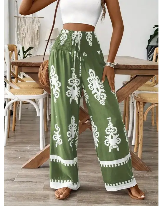 Omarı Yüksek Bel Etnik Desenli Büzgülü Pantolon