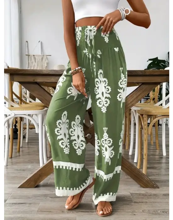 Omarı Yüksek Bel Etnik Desenli Büzgülü Pantolon