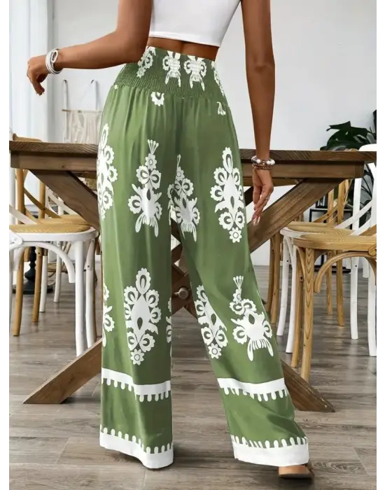 Omarı Yüksek Bel Etnik Desenli Büzgülü Pantolon