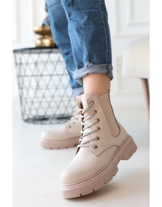 Omarı Yüksek Tabanlı Bej Bağcıklı Bot