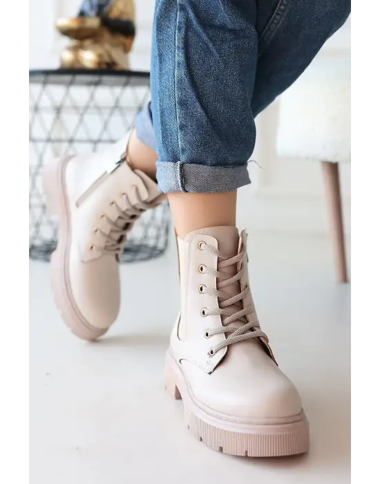 Omarı Yüksek Tabanlı Bej Bağcıklı Bot