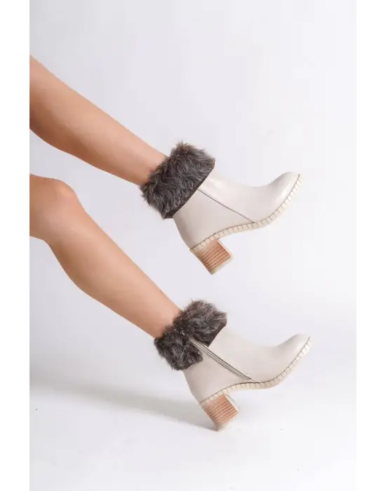 Omarı Tabaan Tüylü Topuklu Bayan Bot - Krem