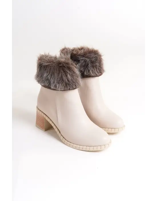 Omarı Tabaan Tüylü Topuklu Bayan Bot - Krem