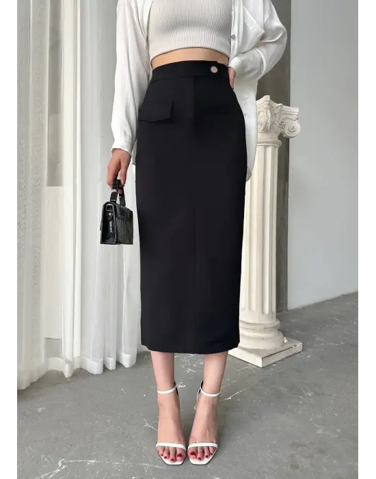 Omarı Diz Boyu Düğmeli Şifon Etek