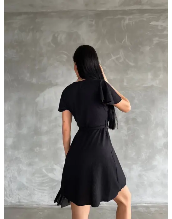 Omarı Bürümcük Desenli Mini Elbise