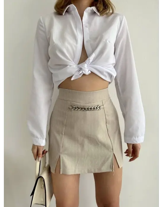 Omarı Modern Çizgili Zincir Desenli Şort Etek