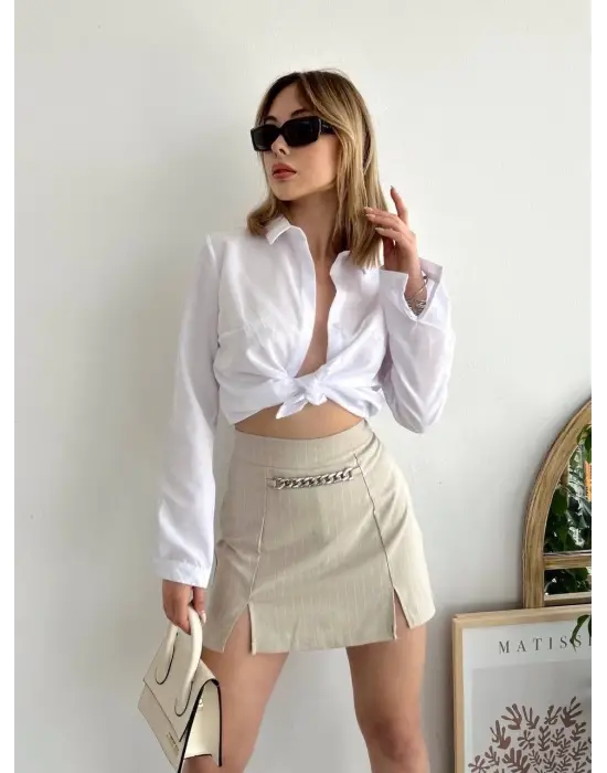 Omarı Modern Çizgili Zincir Desenli Şort Etek