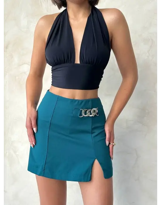 Omarı Petrol Yeşili Zincir Detaylı Şort Etek
