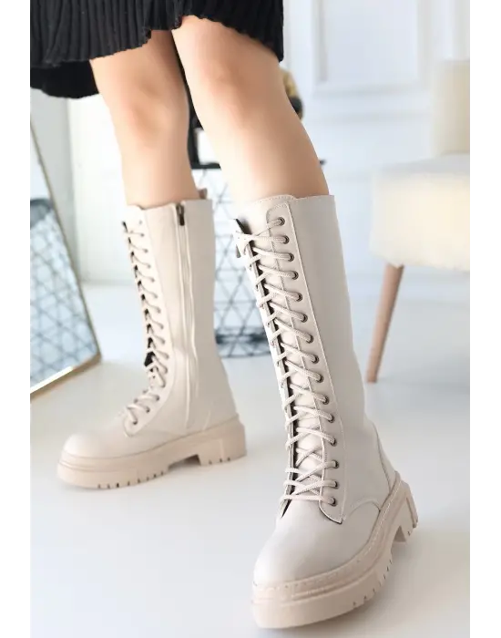 Modern Bej Bağcıklı Çizme