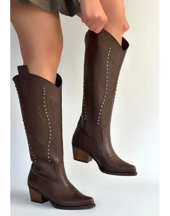 Meof Acı Kahve Cilt Topuklu Çizme