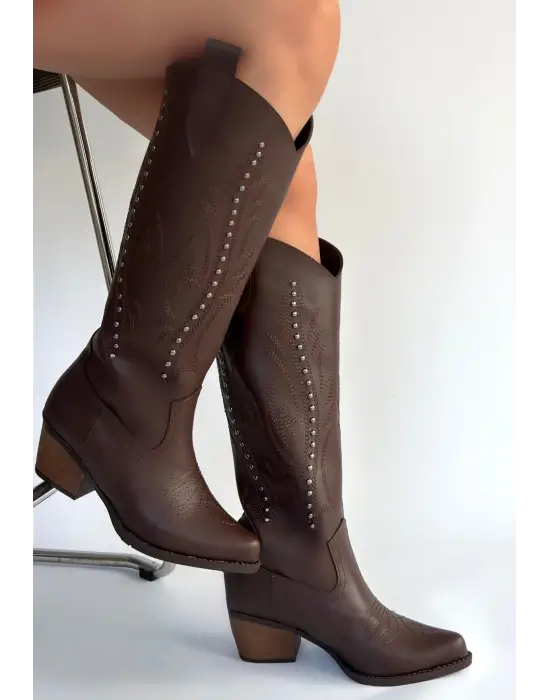 Meof Acı Kahve Cilt Topuklu Çizme