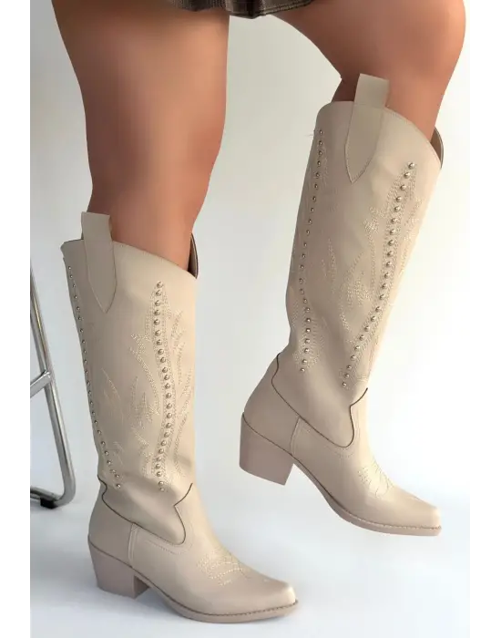 Meof Bej Cilt Topuklu Çizme