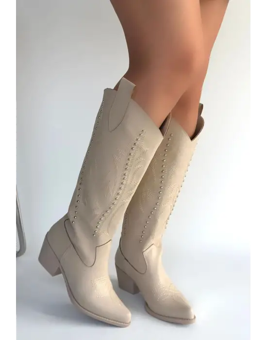 Meof Bej Cilt Topuklu Çizme