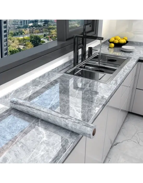 Omarı Mermer Desenli Mutfak Duvar Kağıdı Sticker - Su ve Yağa Dayanıklı!