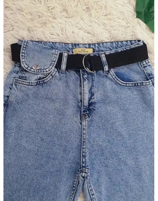 Metal Tokalı Kemerli Çıt Çıt Detaylı Kot Pantolon -Açık Mavi