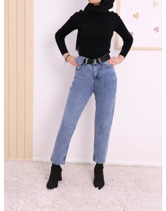 Metal Tokalı Kemerli Çıt Çıt Detaylı Kot Pantolon -Koyu Mavi