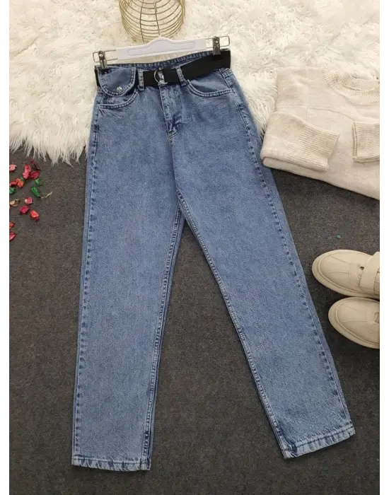 Metal Tokalı Kemerli Çıt Çıt Detaylı Kot Pantolon -Koyu Mavi