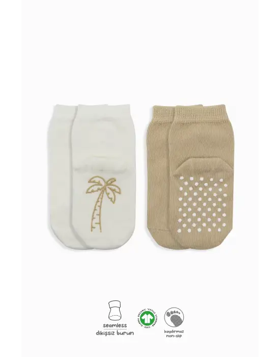 Omarı Meyve Desenli Kaymaz Soket Çorap Seti Bej Ekru