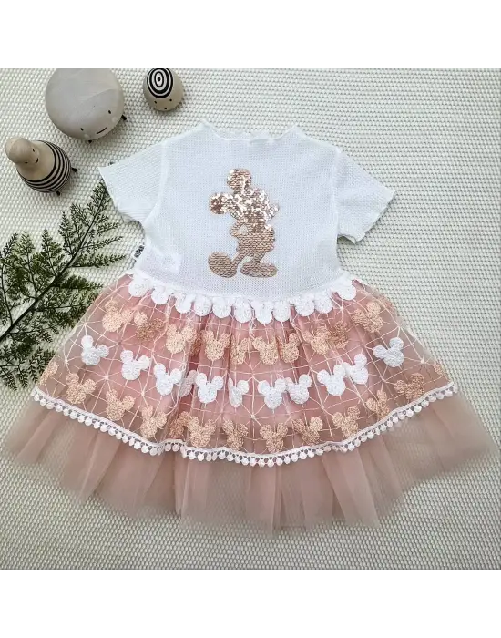 Omarı Şık Payet Detaylı Mickey Baskılı Kız Bebek Elbisesi Pudra Tonları