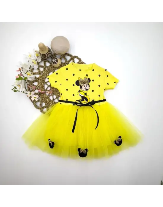 Omarı Mickey Baskılı Puantiyeli Bebek Tütü Elbisesi - Sarı