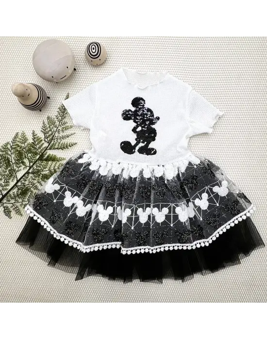 Omarı Mickey Baskılı Payet Detaylı Bebek Elbisesi Siyah