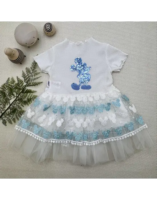 Omarı Mickey Baskılı Payet Detaylı Bebek Elbisesi Turkuaz