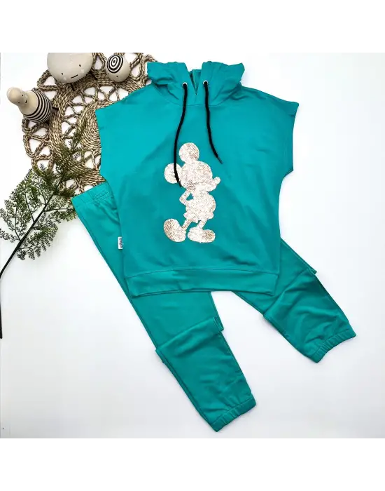 Omarı Eğlenceli Kapşonlu Mickey Desenli Çocuk Takımı Turkuaz