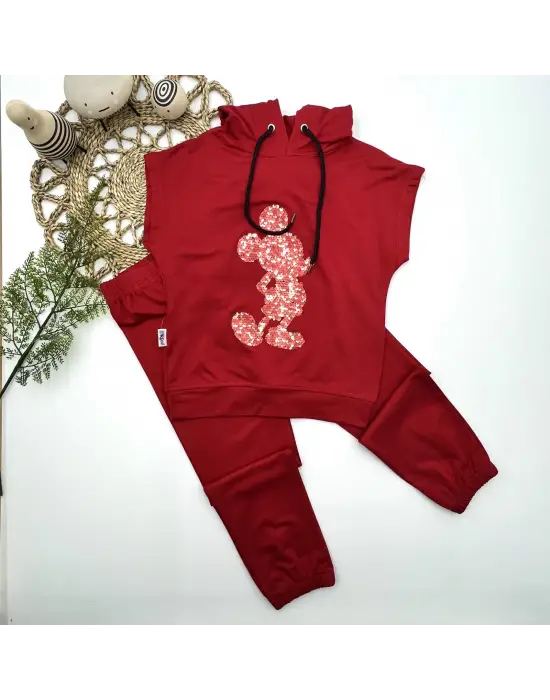 Omarı Kapşonlu Payetli Mickey Desenli Çocuk Takımı Kırmızı