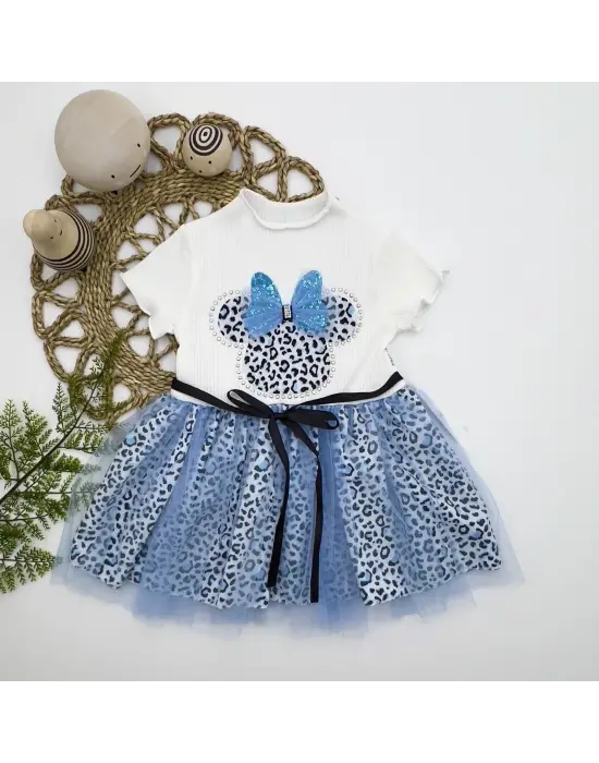 Omarı Şık Fiyonk Detaylı Kız Bebek Tütü Elbisesi Turkuaz-Ekru